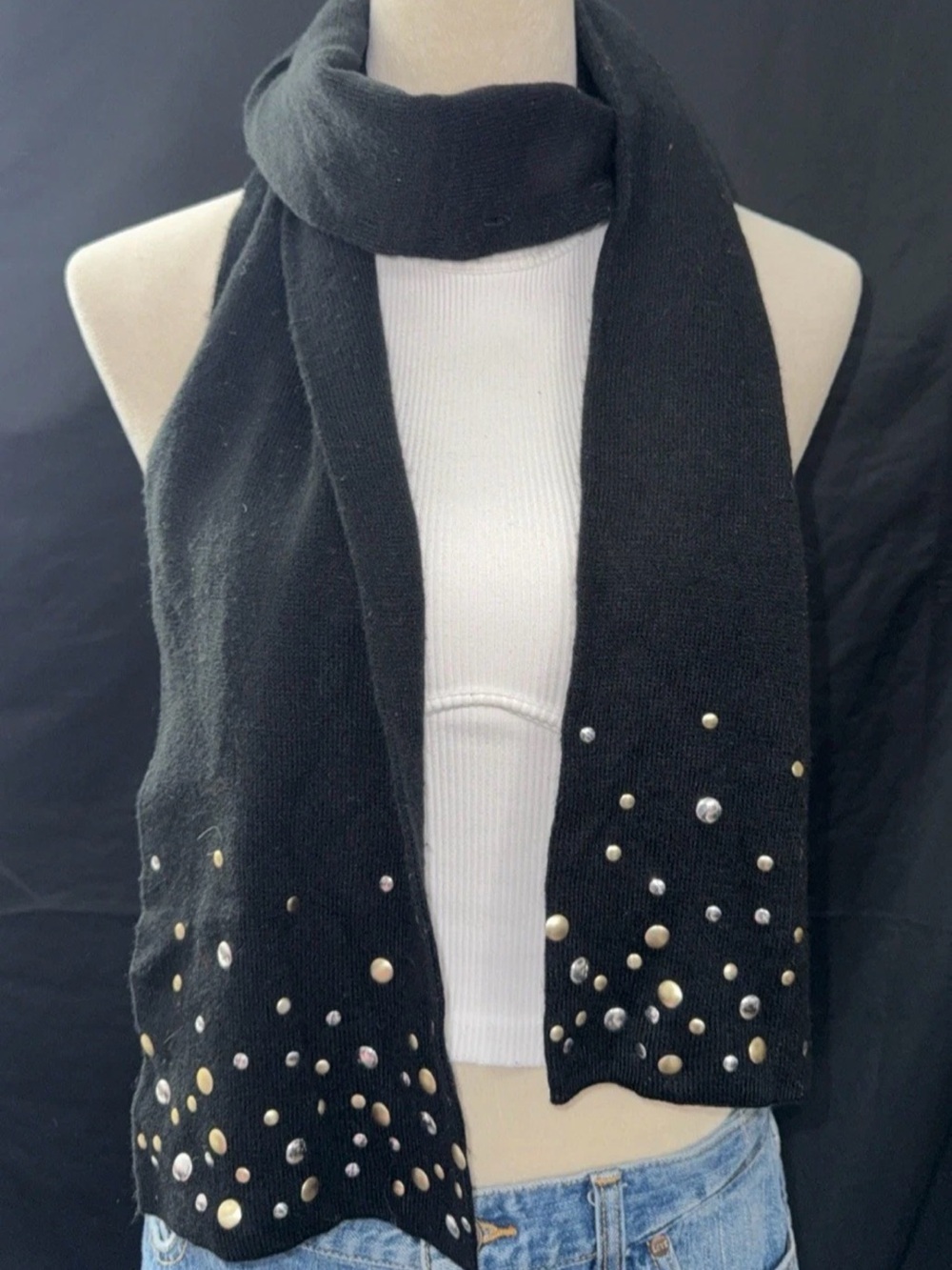 Black Studded Knit Scarf - Women's Embellished Wrap